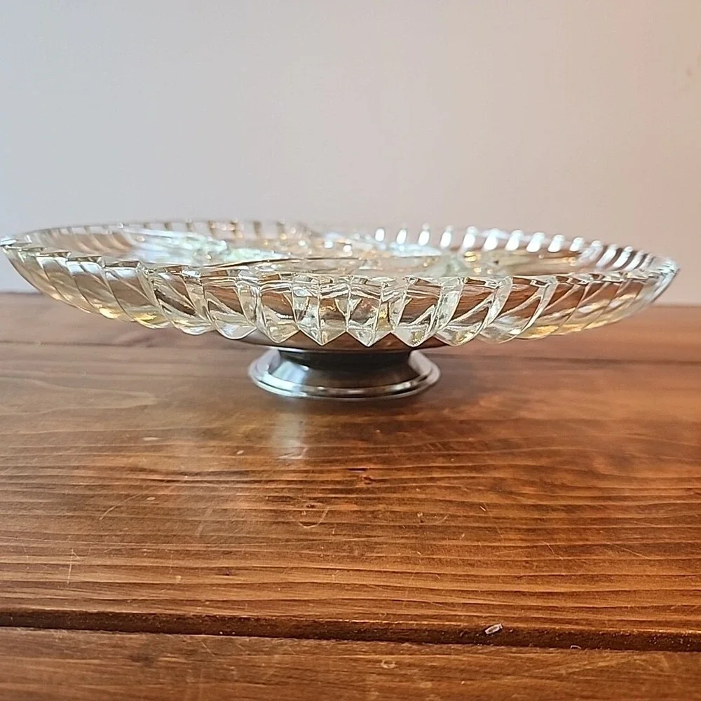Vintage Kromex Lazy Susan Glass Tray with Inserts Relish Tray‎ Chrome Pedestal